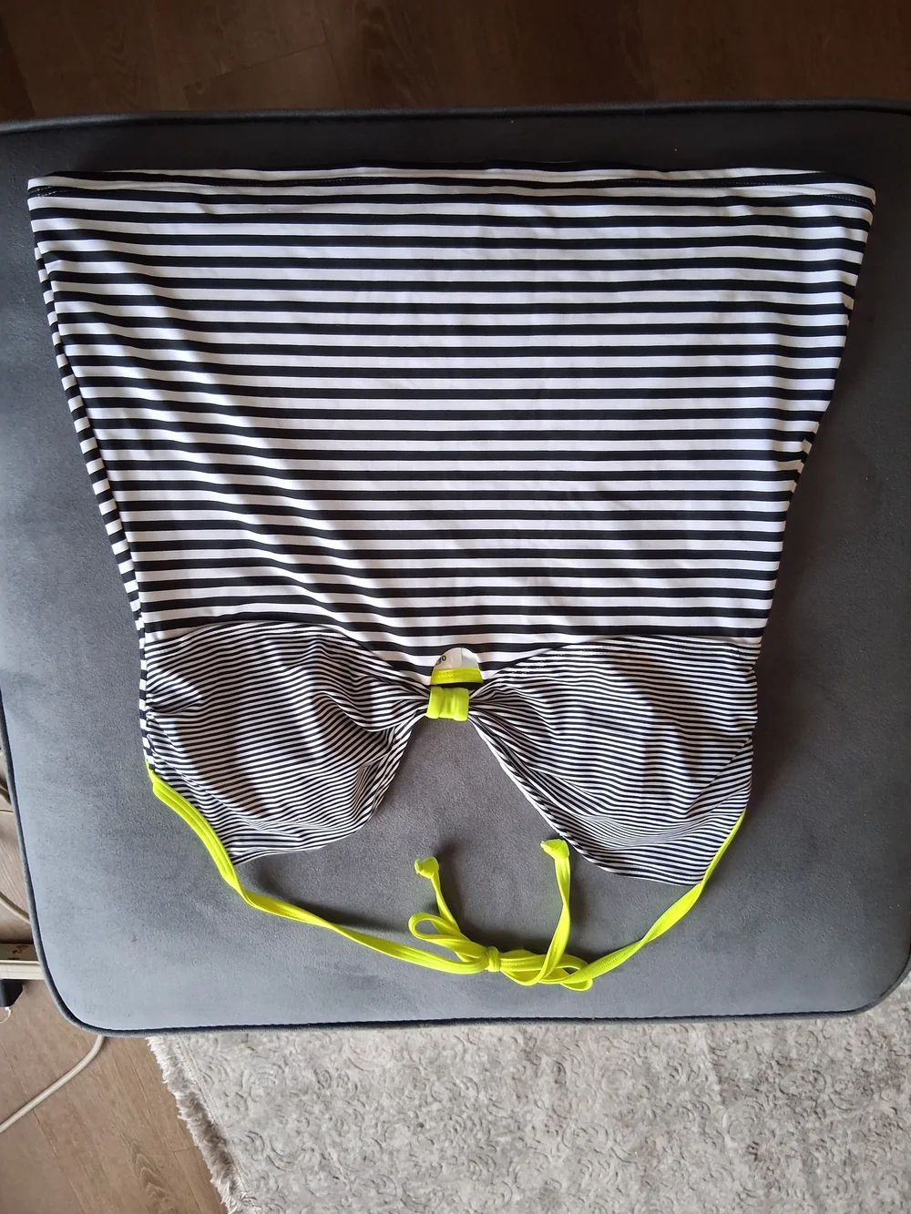 Black & White Striped Bandeau Bikini Top with Neon Yellow Trim
